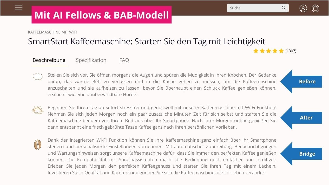 Produktbeschreibung einer WIfi-Kaffeemaschinen mit AI Fellows