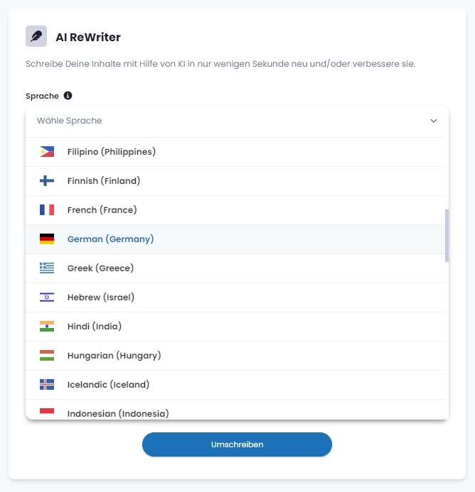 AI ReWriter Sprachen